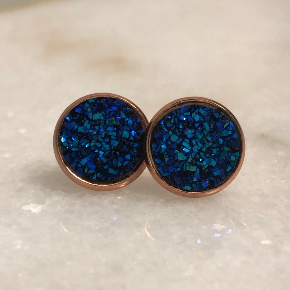 Blue Druzy Stud Earrings